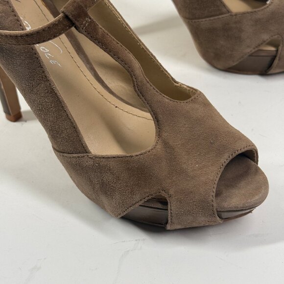 Kenneth Cole Platform Heels T-Strap Taupe Suede Peep Toe Heel Size 8.5 - Picture 7 of 14